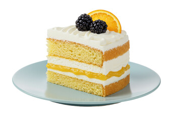 Isolated layered cake slice with whipped cream, blackberries, and orange on a plate