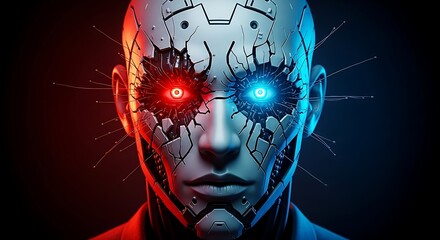 Intense close-up of a futuristic cyborg face with glowing red and blue eyes, depicting advanced artificial intelligence.