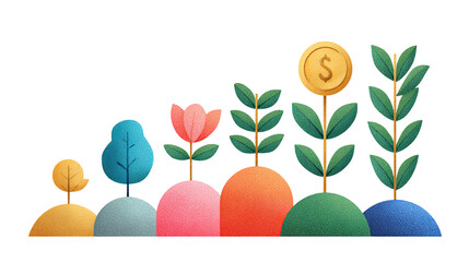 Growing colorful plants and flowers with golden coin symbolizing financial growth and prosperity in creative design