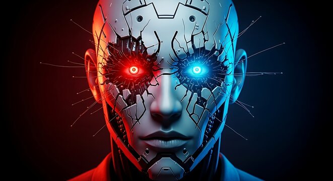 Intense close-up of a futuristic cyborg face with glowing red and blue eyes, depicting advanced artificial intelligence.