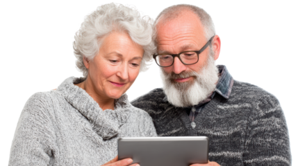 Senior couple enjoying a tablet together, smiling happily on a white isolate background.
