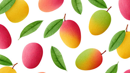 Mango fruit pattern with green leaves transparency background, colorful tropical design with fresh ripe mangoes and natural