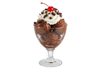 Isolated sundae with chocolate ice cream, whipped cream, cherry, in vintage dessert glass