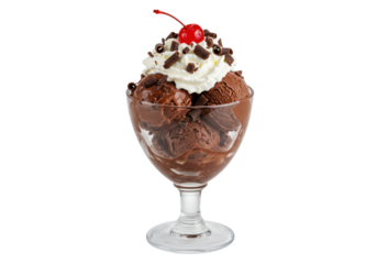 Isolated sundae with chocolate ice cream, whipped cream, cherry, in vintage dessert glass