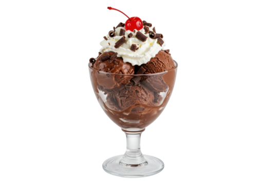 Isolated sundae with chocolate ice cream, whipped cream, cherry, in vintage dessert glass
