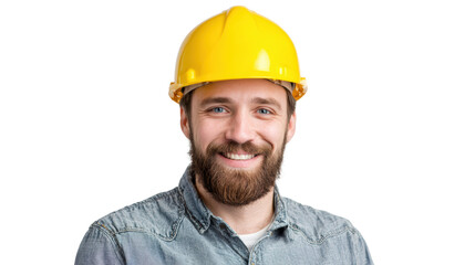 Smiling construction worker wearing a yellow hard hat with a denim shirt, isolated on white background.