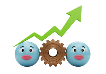 Isolated Two Cute Round Characters, Bronze Cogwheel, Green Arrow Rising, Idea or Business, Success