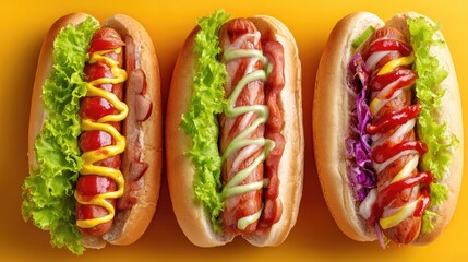 Vibrant Hot Dogs with Colorful Condiments on Blue and Yellow Summer Table Setting