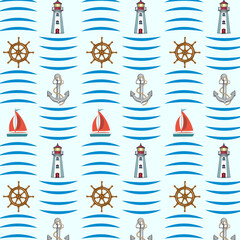 Pattern on the theme of sea travel.Vector seamless pattern with lighthouse, sailboat and ship rigging.