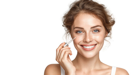 Smiling woman applying serum to her face, isolated on white background.