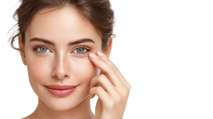 Smiling woman applying skincare treatment on her face, white isolate background.