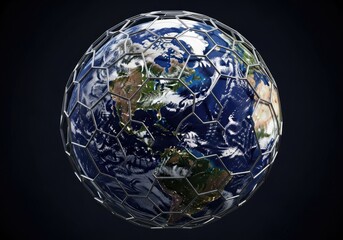 Planet Earth Covered By Metal Grid Structure Against Dark Background 3D Rendered