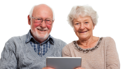Senior couple enjoying time together, smiling while using a tablet, white isolate background.