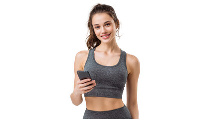 Smiling woman in sportswear using smartphone, showcasing motivation and fitness lifestyle.