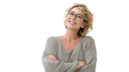 Smiling woman with glasses crossing arms, positive attitude, joyful expression, against a white background.