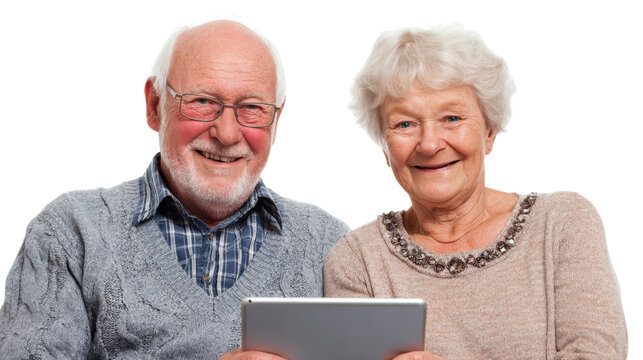 Senior couple enjoying time together, smiling while using a tablet, white isolate background.