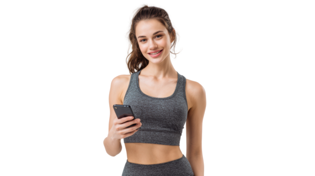 Smiling woman in sportswear using smartphone, showcasing motivation and fitness lifestyle.
