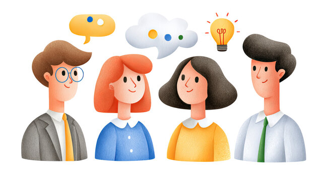 Creative business team brainstorming with speech bubbles and light bulb idea concept illustration