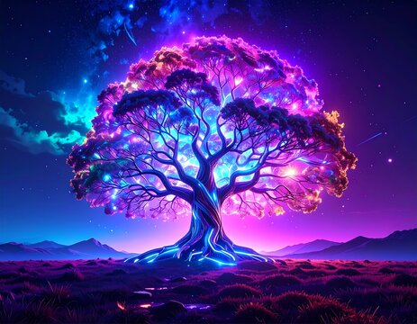 A majestic, glowing tree of life with a luminous purple and blue canopy under a cosmic night sky.