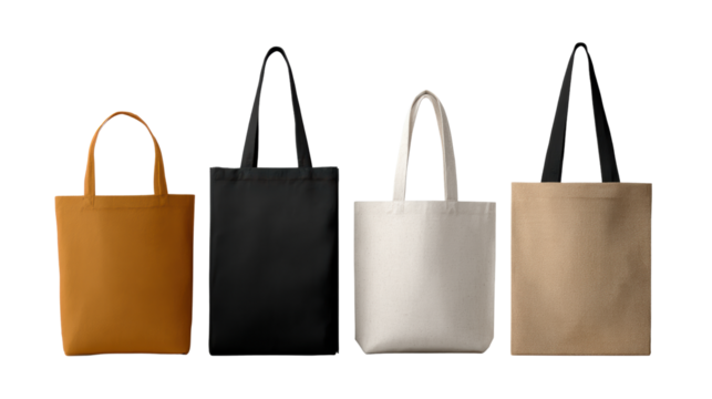 Stylish tote bags in various colors on a white isolated background.
