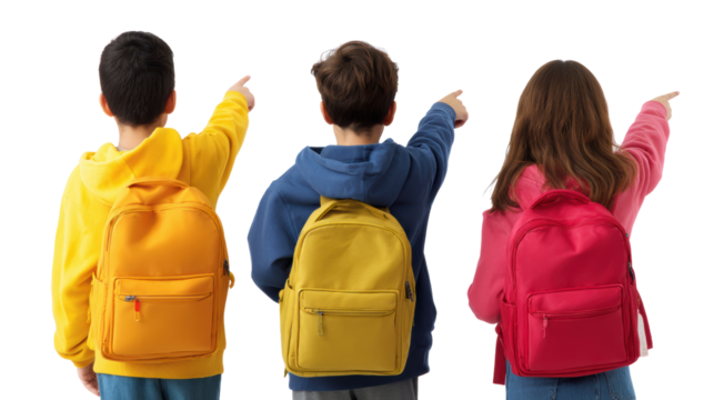 Three children in colorful backpacks pointing towards a direction, isolated on white background.