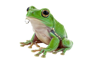 Isolated frog sitting, looking straight ahead, with a droplet on its lip, green, detailed