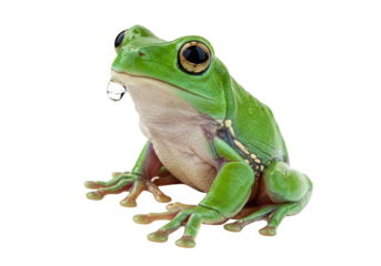 Isolated frog sitting, looking straight ahead, with a droplet on its lip, green, detailed