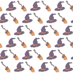 A playful Halloween seamless pattern with witch brooms and hats on white. Perfect for festive packaging, textile prints, and holiday backgrounds!

