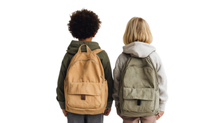 Two children with backpacks, standing back to back, isolated on white background.