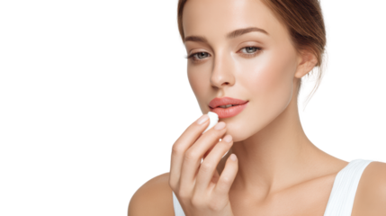 Woman applying skin care product, smiling softly, beautiful complexion, white isolate background.