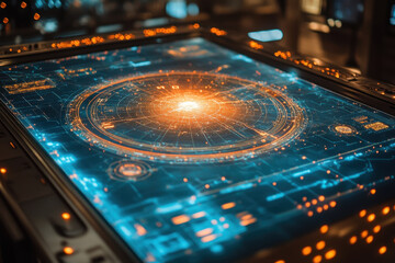 Tablet displaying glowing circle.