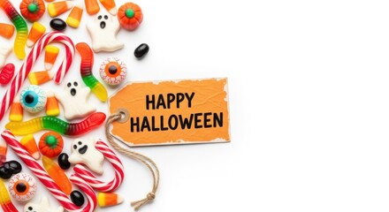 Fototapeta premium Happy halloween tag with assorted candies isolated on white background