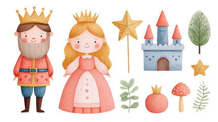 Watercolor king and queen with castle, star wand, and nature elements in cute fairy tale style