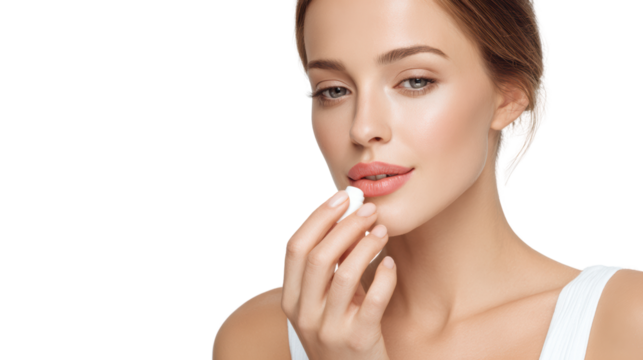Woman applying skin care product, smiling softly, beautiful complexion, white isolate background.
