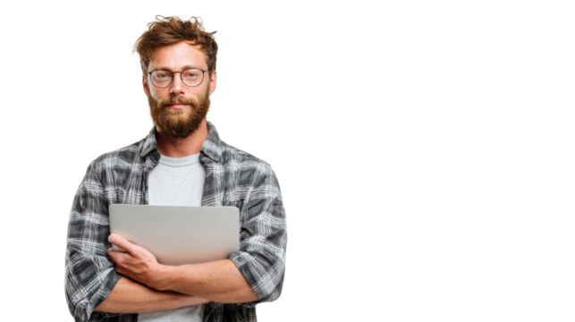 Young man with glasses holding a laptop, smiling in casual outfit, isolated on white background.