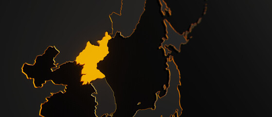 Golden North Korea 3d map surrounded with other countries in black with golden borders and shallow dof. Asia political map with borders
