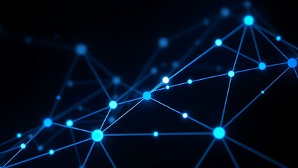 Abstract digital network visualization with glowing blue nodes and flowing connections on dark background.