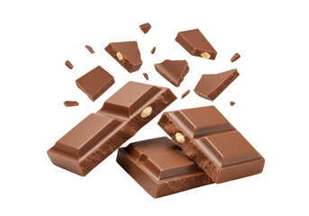 Isolated chocolate squares with nuts and chunks for delicious dessert or snack treat