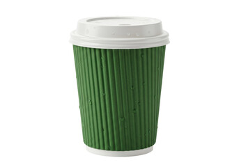 Isolated green coffee cup with lid on a plain surface; beverage, refreshment, hot drink