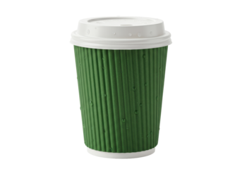 Isolated green coffee cup with lid on a plain surface; beverage, refreshment, hot drink