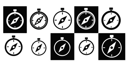 Monochrome Compass Icons A Collection of Navigation Symbols in Black and White for Direction and Exploration, Representing Guidance and Orientation
