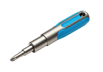 Isolated multipurpose screwdriver with a blue and silver handle for repairs and projects