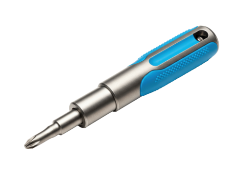 Isolated multipurpose screwdriver with a blue and silver handle for repairs and projects