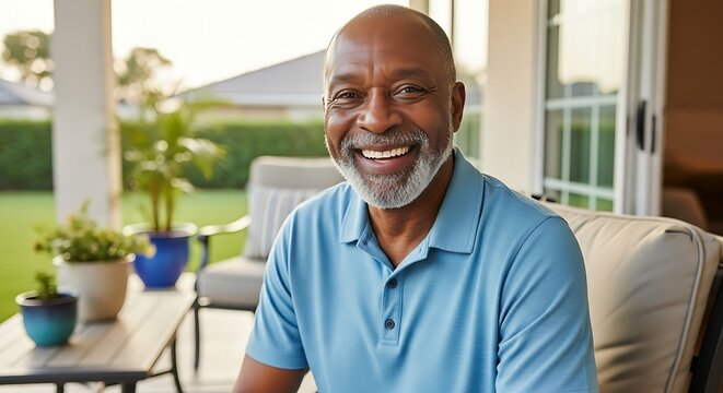 Happy senior African American man relaxing outdoors.