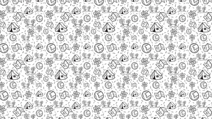 Seamless travel pattern background camping adventure map signpost tent island globe vector