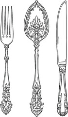 Vintage Silverware Vector Set — Black Stylized Fork, Spoon, and Knife with Ornate Decorative Handles in Antique Silhouette Style