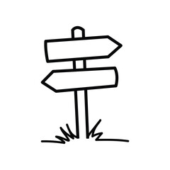 Black line drawing shows directional signpost rising from the grass against white background