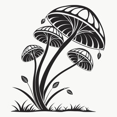 Illustration of a group of mushrooms with leaves in black and white style