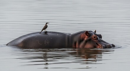 Fototapeta premium Hippopotamus in water with a bird on its back.