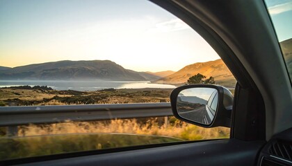 Scenic road trip through mountains and lake at sunrise.